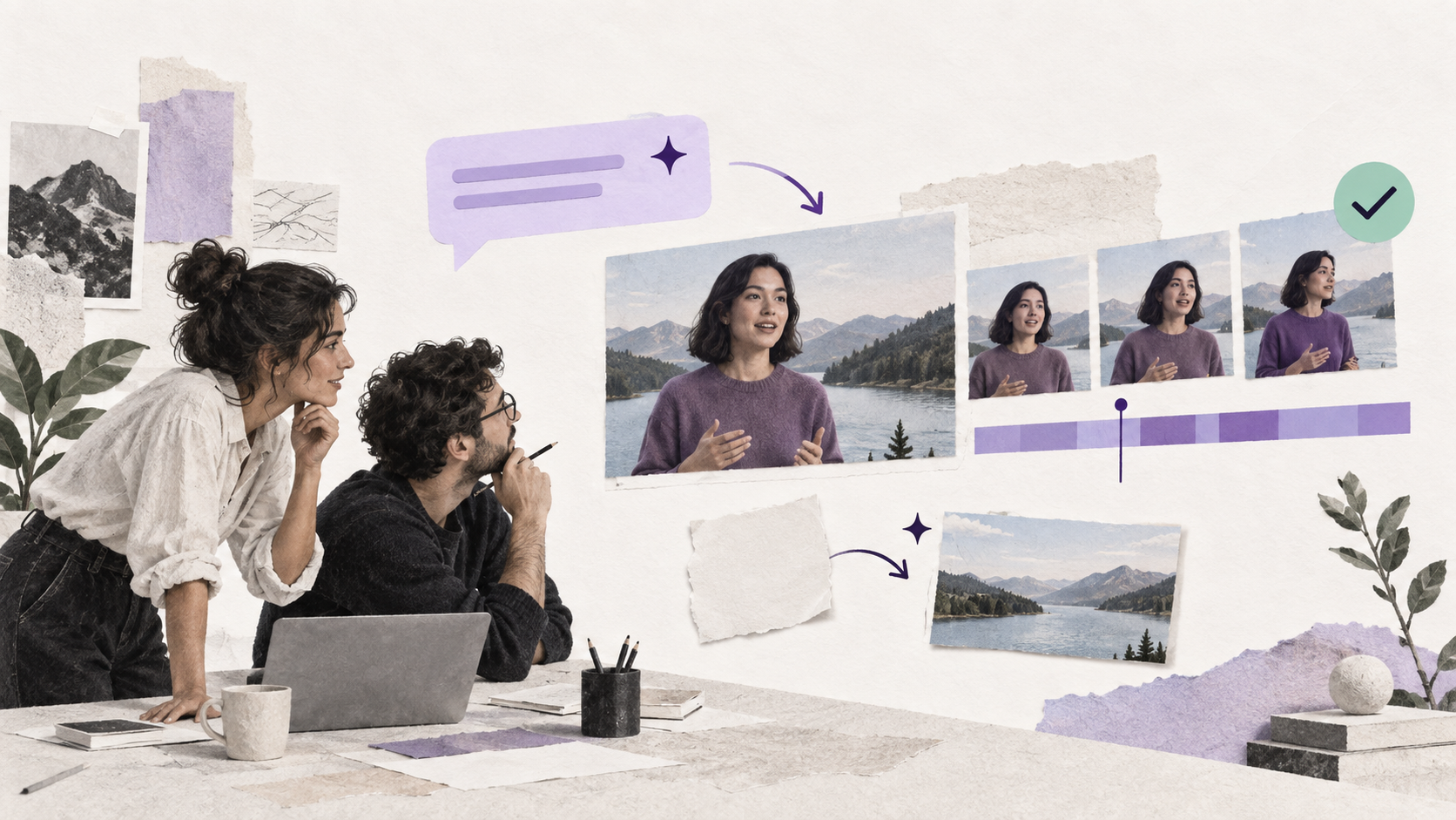 A creative team turns a comment into a revised video sequence, illustrated with lavender paper layers, video frames, and a mint review check.