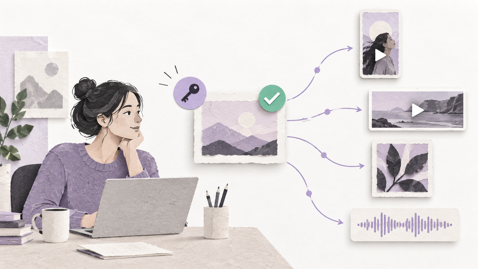 A creative professional reviews an approved content package connected to portrait video, landscape video, image, and audio destinations, with a small key representing partner access.