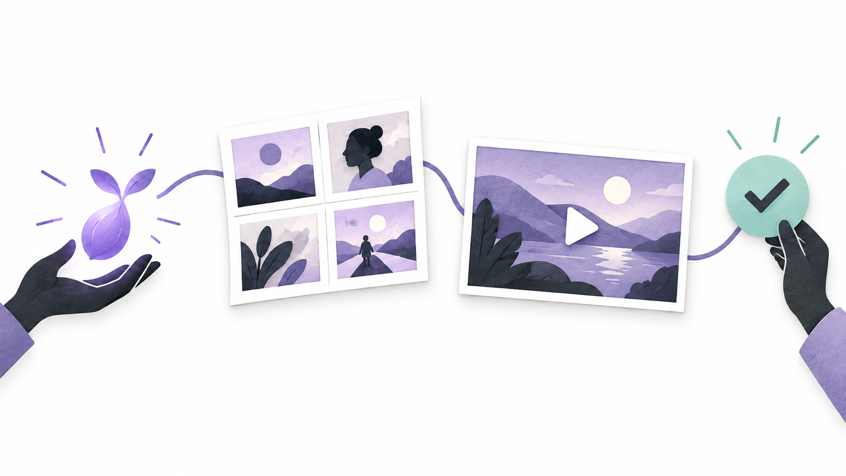 Illustration of an idea progressing through a storyboard and video draft to approval.