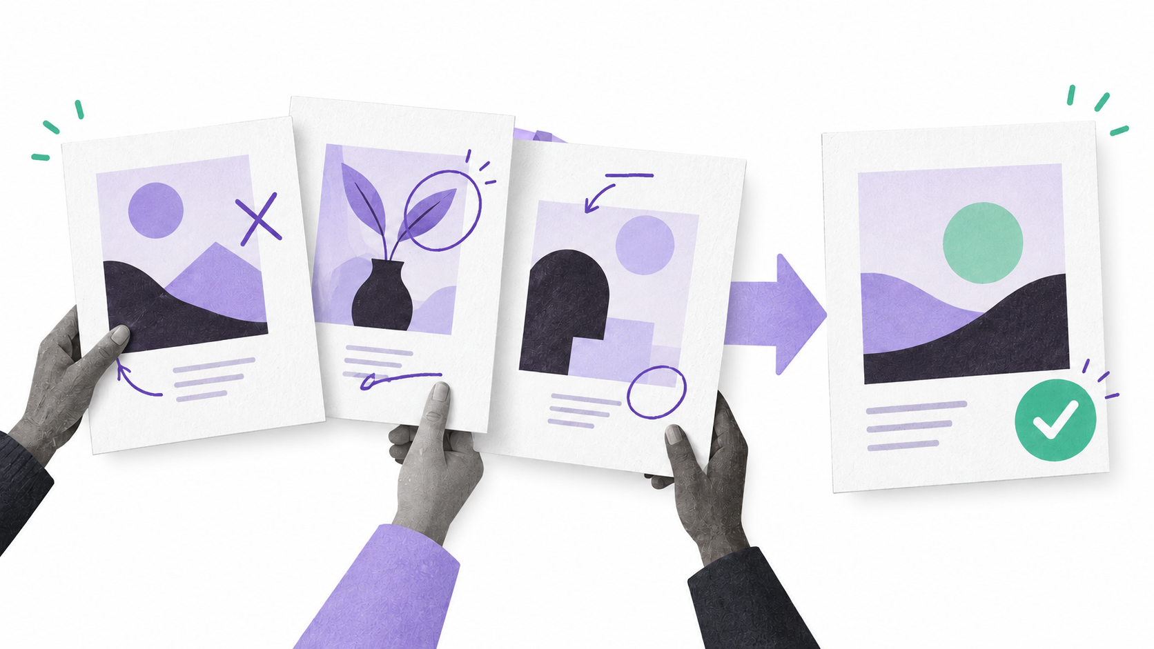 Illustration of reviewed creative sheets resolving into an approved final asset.