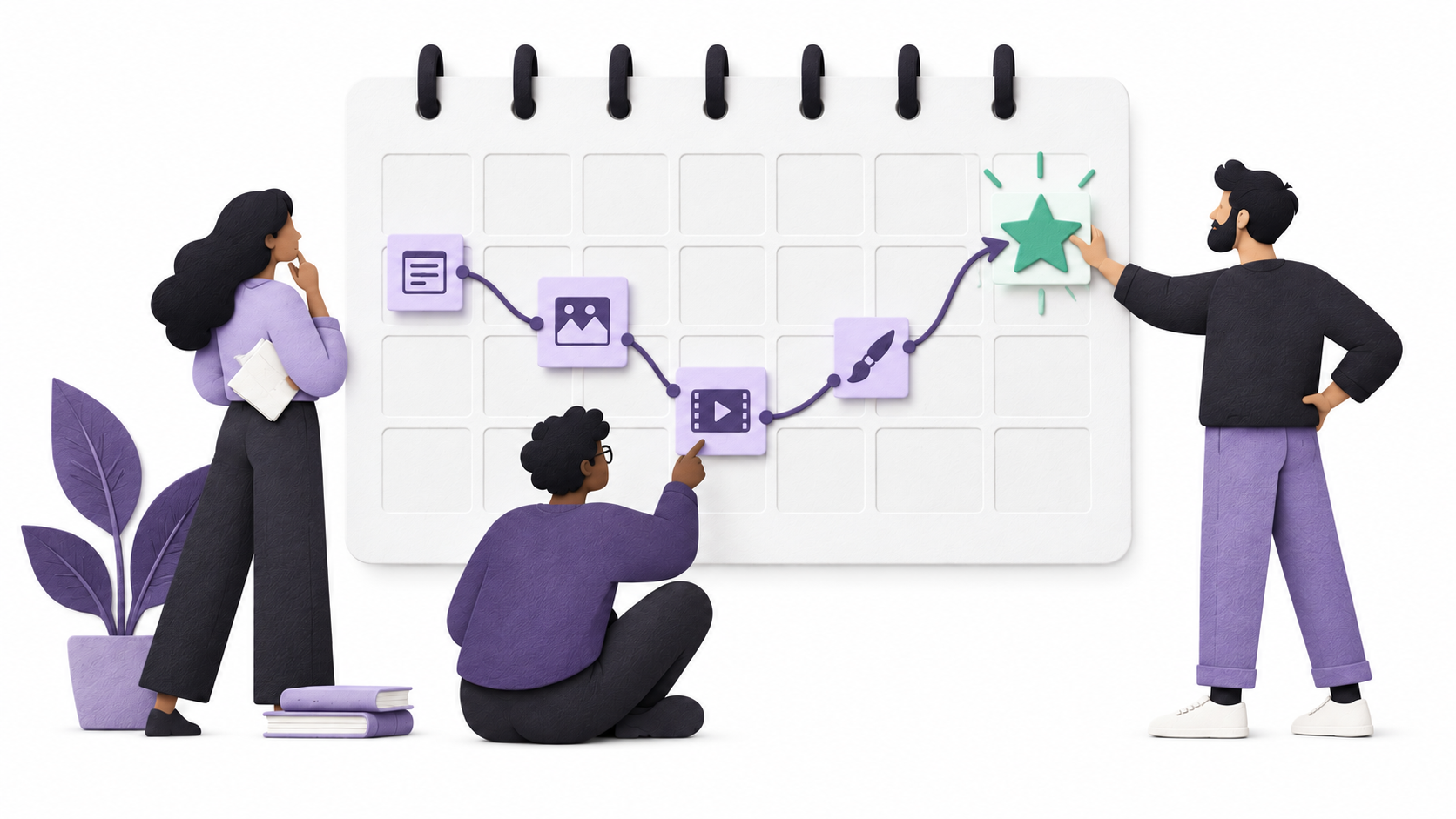 Illustration of a calendar connecting production tasks to a release marker.