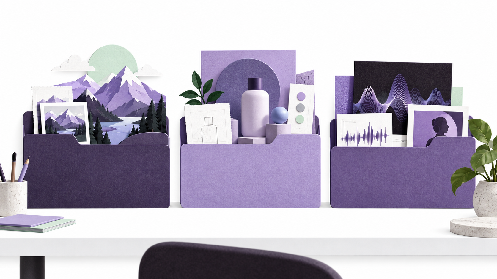 Illustration of three distinct creative projects organized in separate folders.