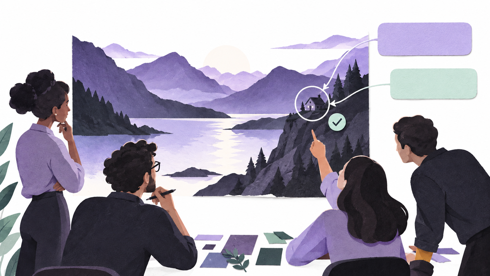 Illustration of a creative team discussing a specific detail in a video frame.