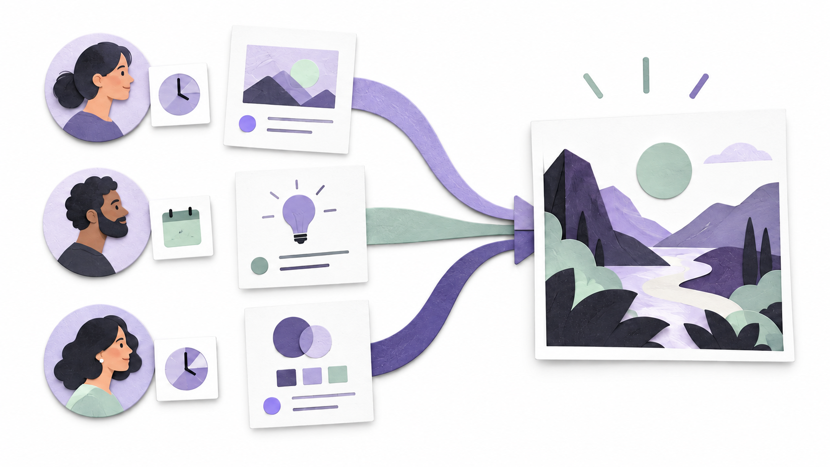 Illustration of assigned task cards connecting to a shared finished creative asset.