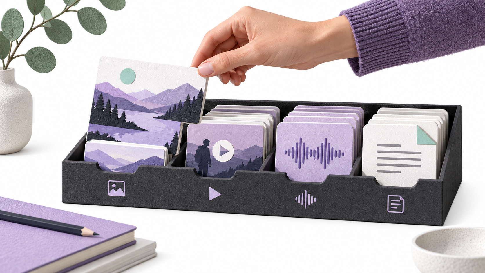 Illustration of a hand selecting media from an organized shared asset collection.