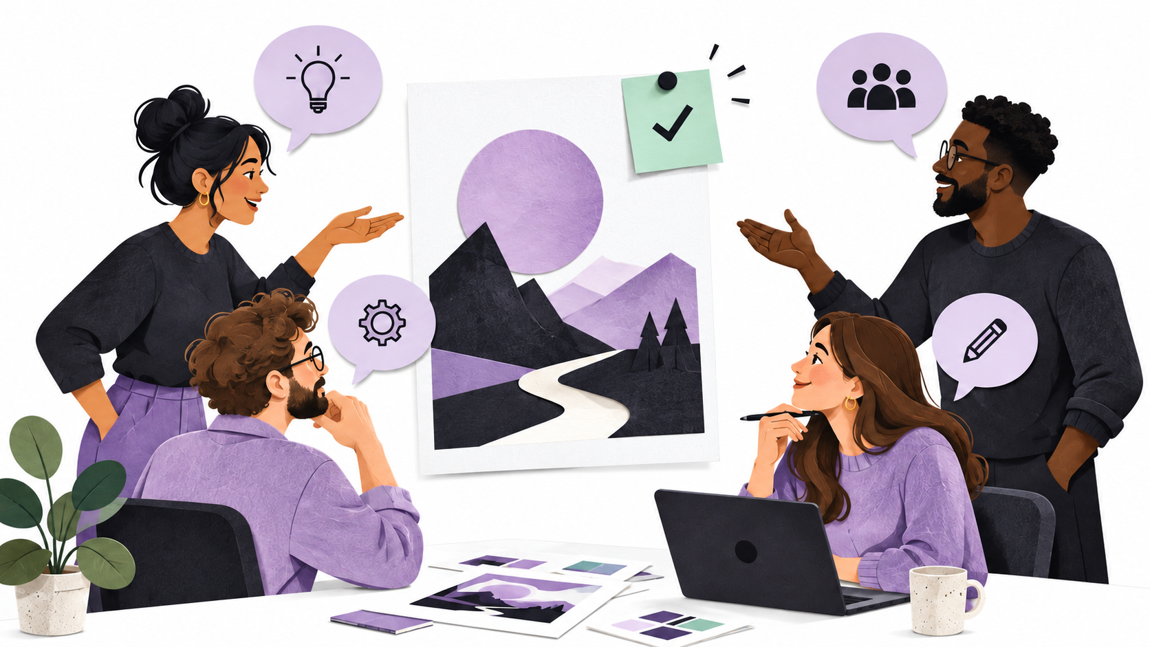 Illustration of a creative team organizing conversations around a shared decision.