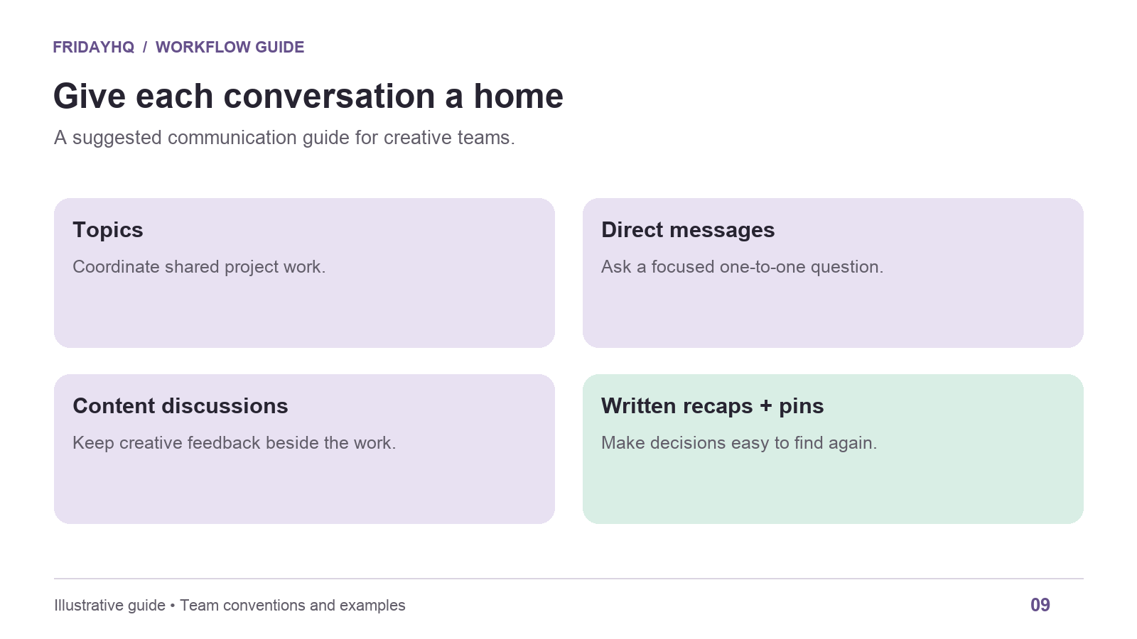 Guide matching coordination to topics, focused questions to direct messages, feedback to content discussions, and decisions to written recaps.