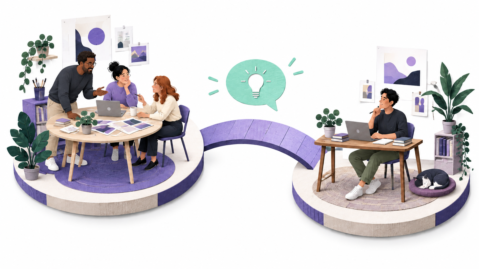 Illustration of a team workspace connected to an external contributor by a bridge.