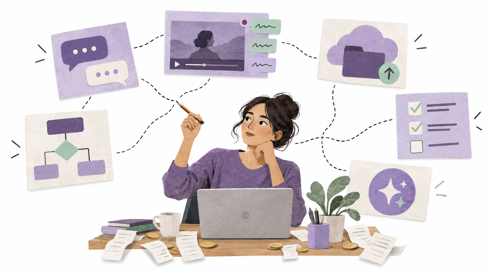 A producer works among disconnected conversation, review, storage, task, workflow, and AI cards, with small billing slips suggesting repeated subscription costs, on a white background.