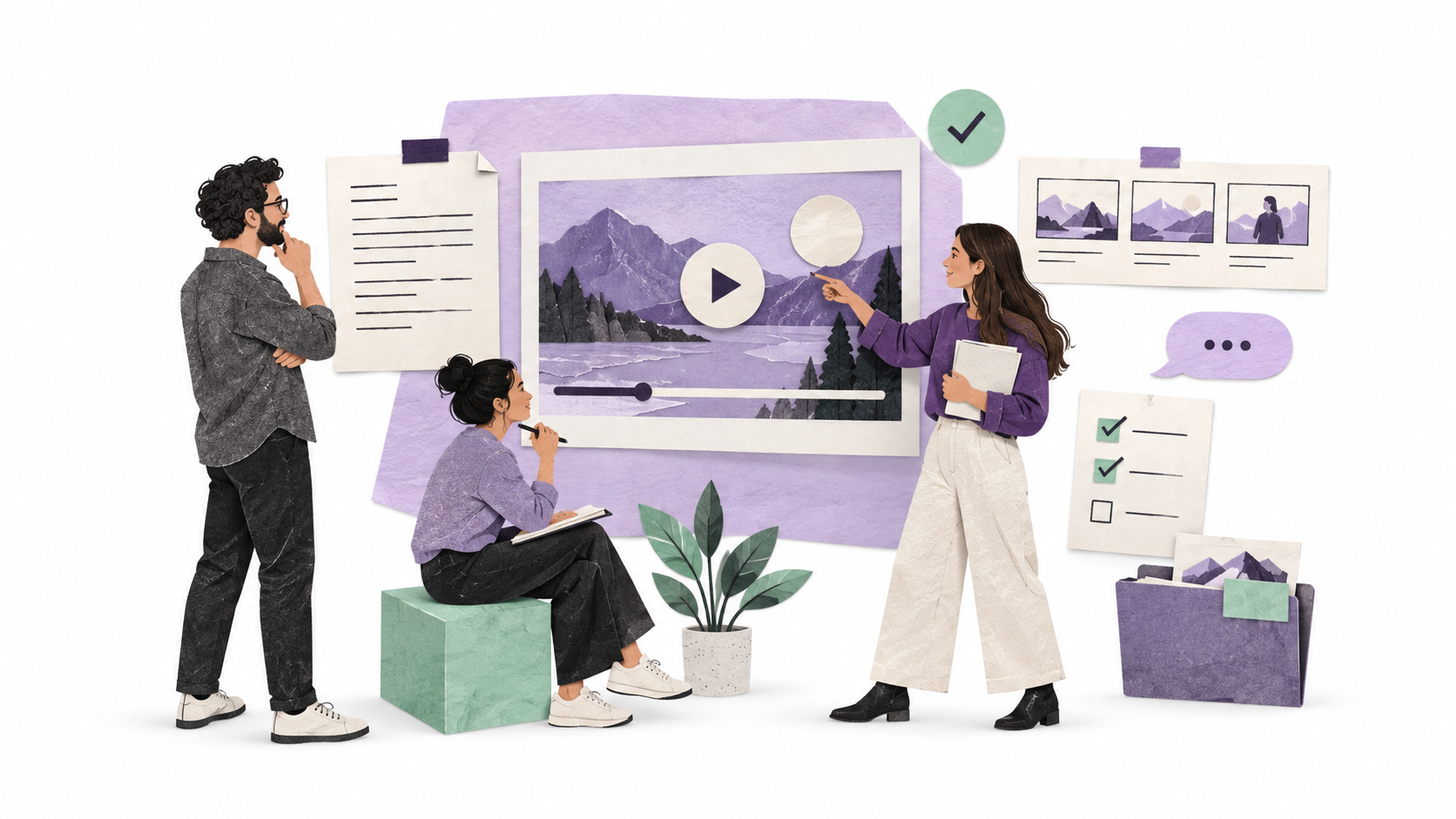 Three creative professionals work around one content board, with a video, script, storyboard, tasks, storage, discussion, and approval arranged together on a white background.