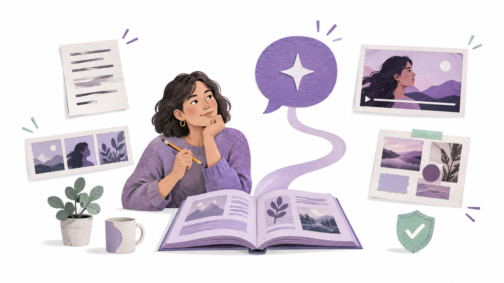 A creative lead works with a reference book and a purple assistant speech bubble, surrounded by script, storyboard, video, campaign, and review cards on a white background.