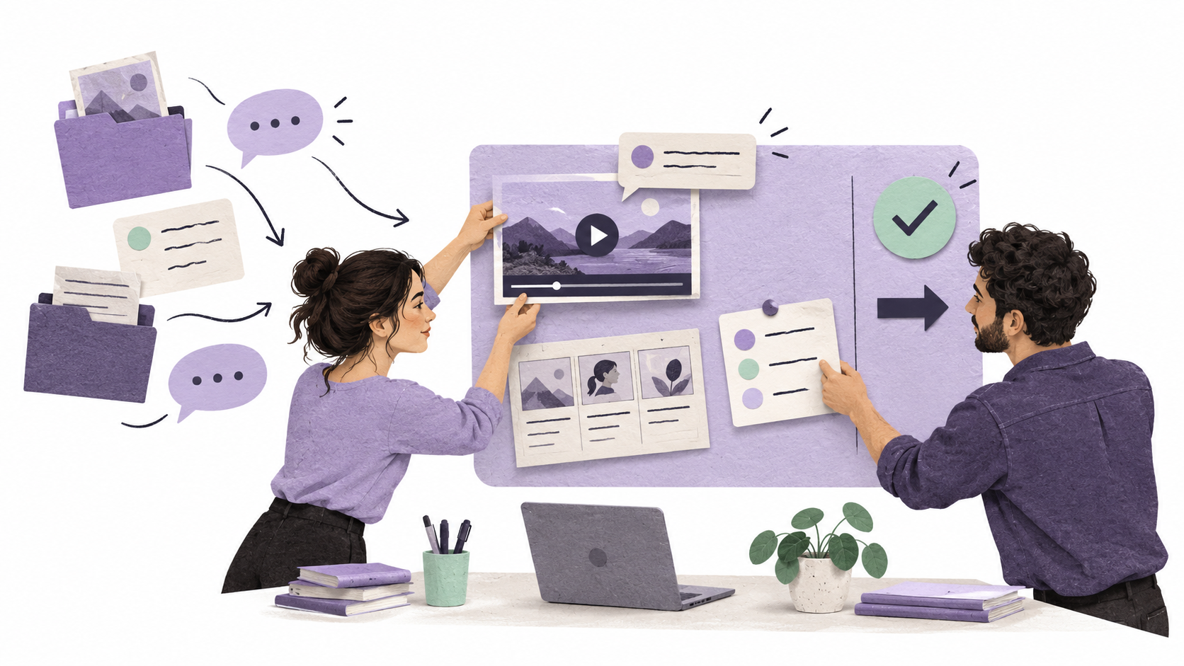 Two collaborators bring folders, conversations, a video, a brief, and a task together on one project board with an approval check, against a white background.