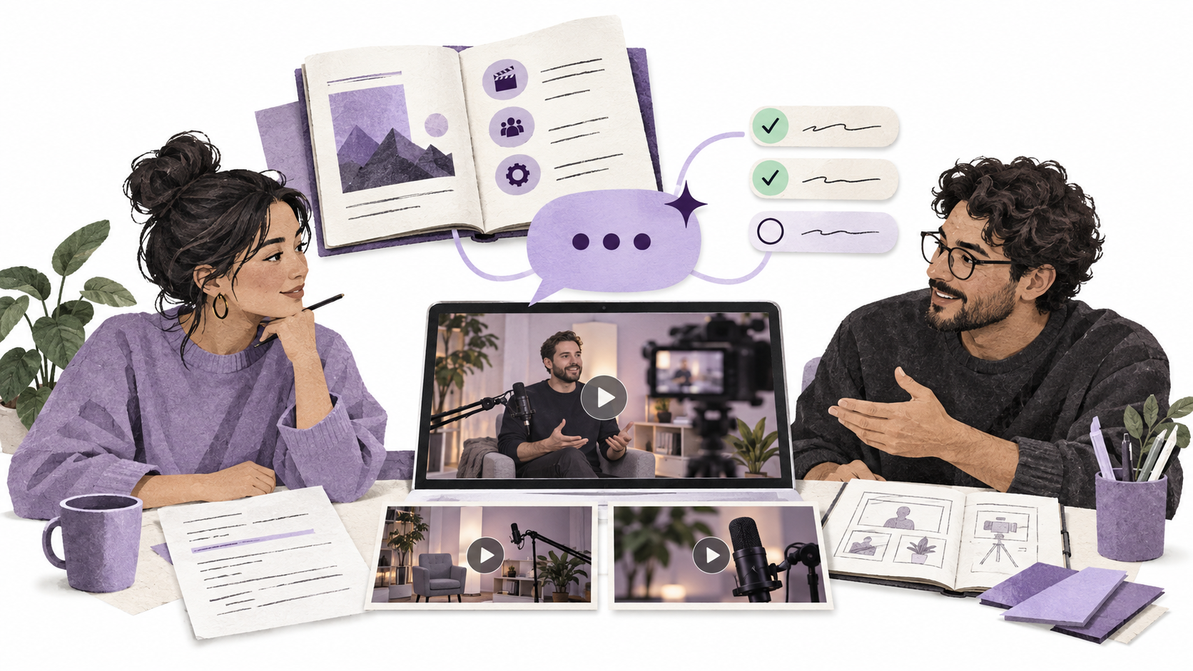 A YouTube production team discusses a landscape video and thumbnail options with Xander, represented by a conversation bubble connecting a channel playbook to content checkpoints on a white background