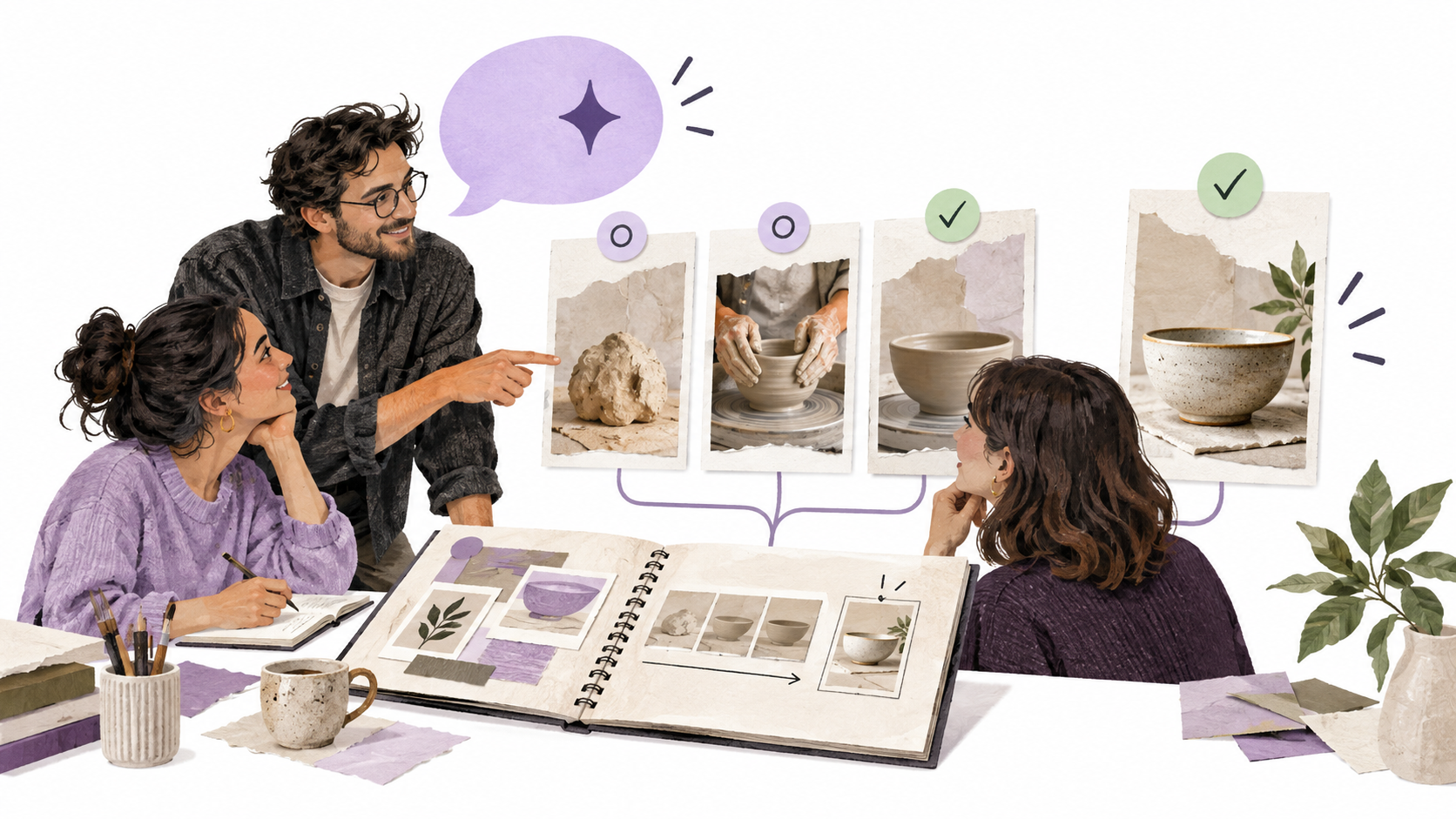 A maker and producer discuss a portrait Story sequence and a separate pottery highlight with Xander, alongside a show playbook and distinct content checkpoints on a white background.