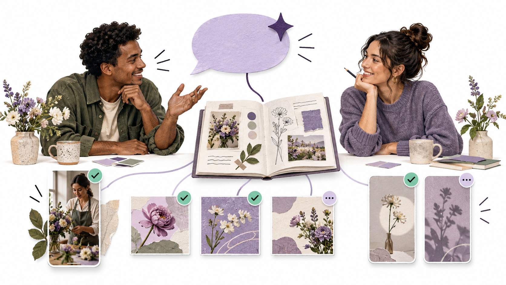 An Instagram team discusses a floral workshop Reel, carousel, and Stories with Xander, with a campaign playbook and separate readiness checkpoints on a white background.