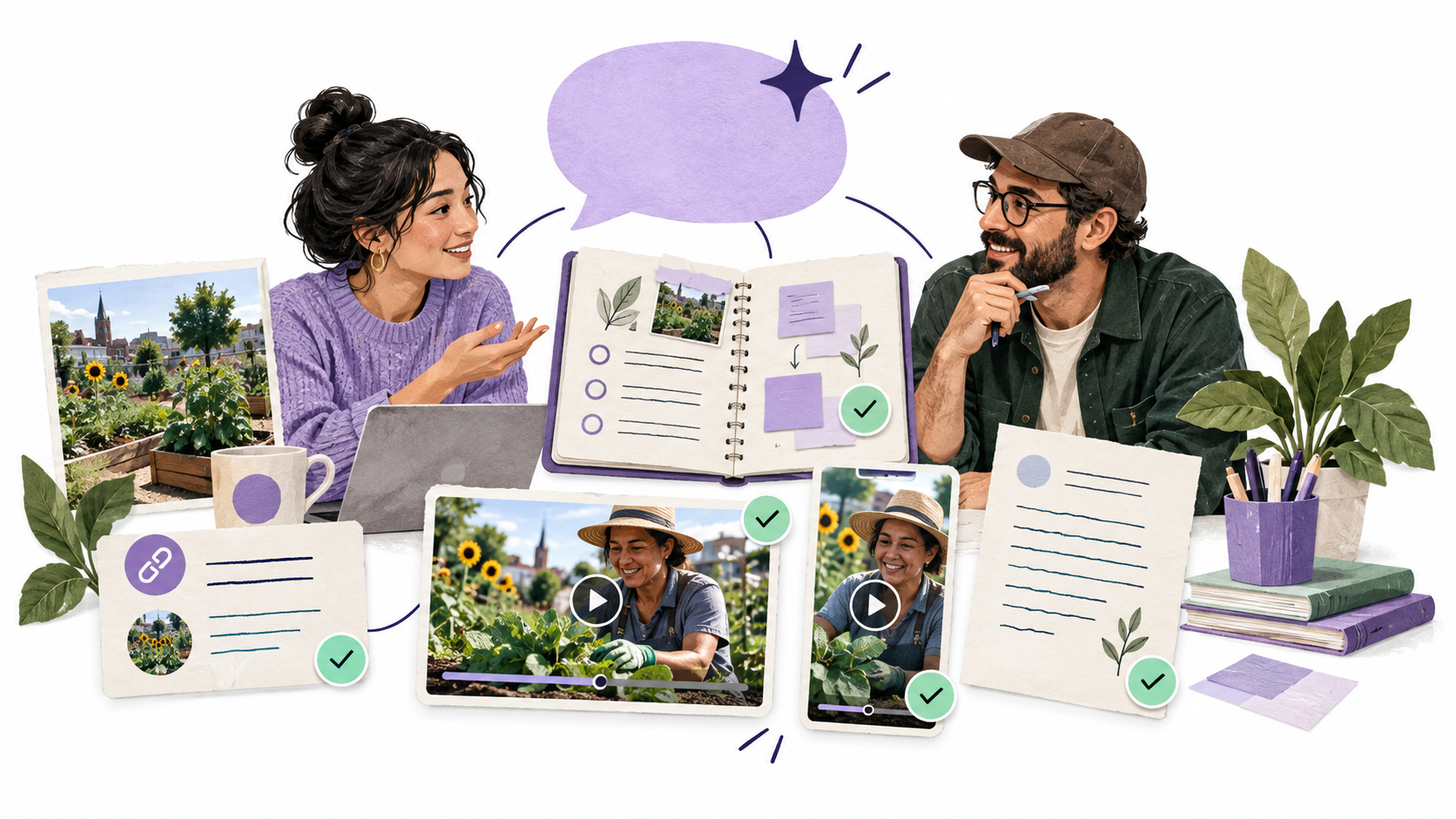 A local editorial team works with Xander on a community-garden video, Page copy, supporting media, and review checkpoints, with a project playbook on a white background.