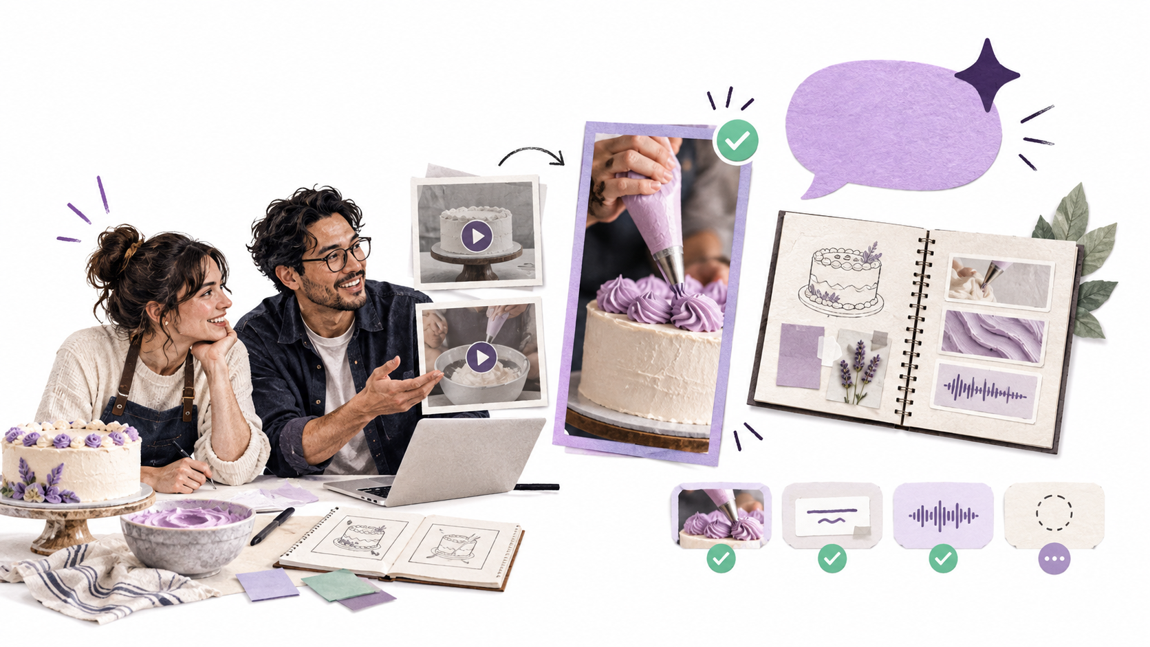 A baker and editor discuss opening options for a portrait cake-decorating video with Xander, beside a creator playbook and individual workflow checkpoints on a white background.