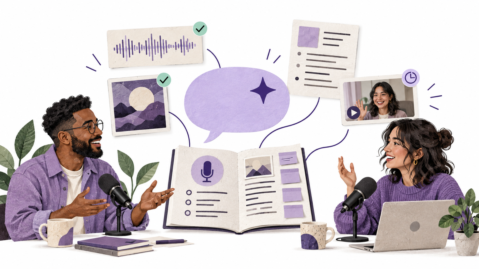 Podcast collaborators discuss an episode waveform, artwork, show notes, and a discovery video with Xander, with a show playbook and separate readiness checkpoints on a white background.