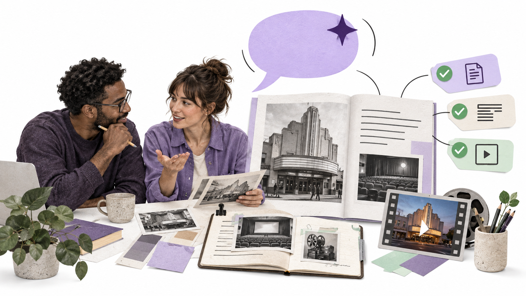 Editorial colleagues discuss a cinema-reopening article, supporting photograph, source notes, and content checkpoints with Xander, alongside a publication playbook on a white background.