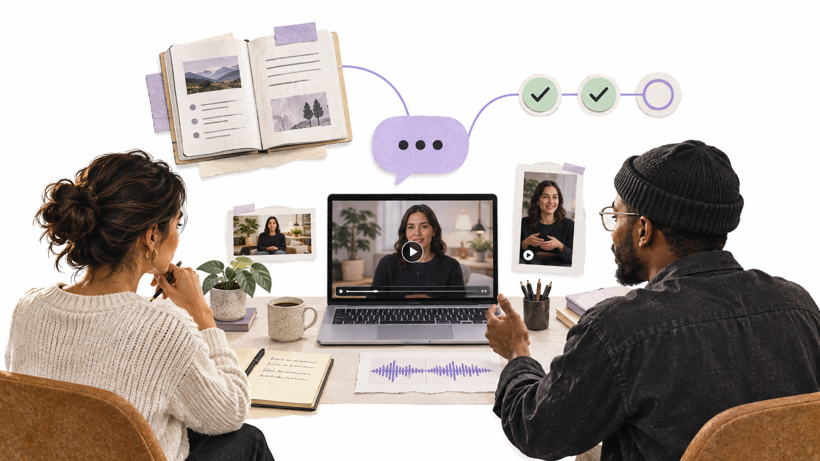A media team reviews an interview and its YouTube thumbnail and portrait social cut, with project knowledge connected to a conversation bubble representing Xander and individual review checkpoints on