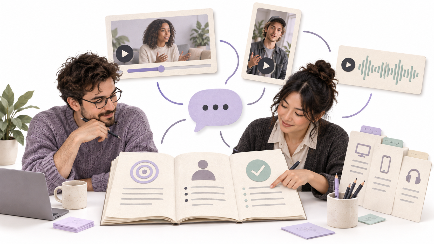 A creative team builds a shared playbook with goals, audience guidance, review criteria, and video and audio references on a white background.