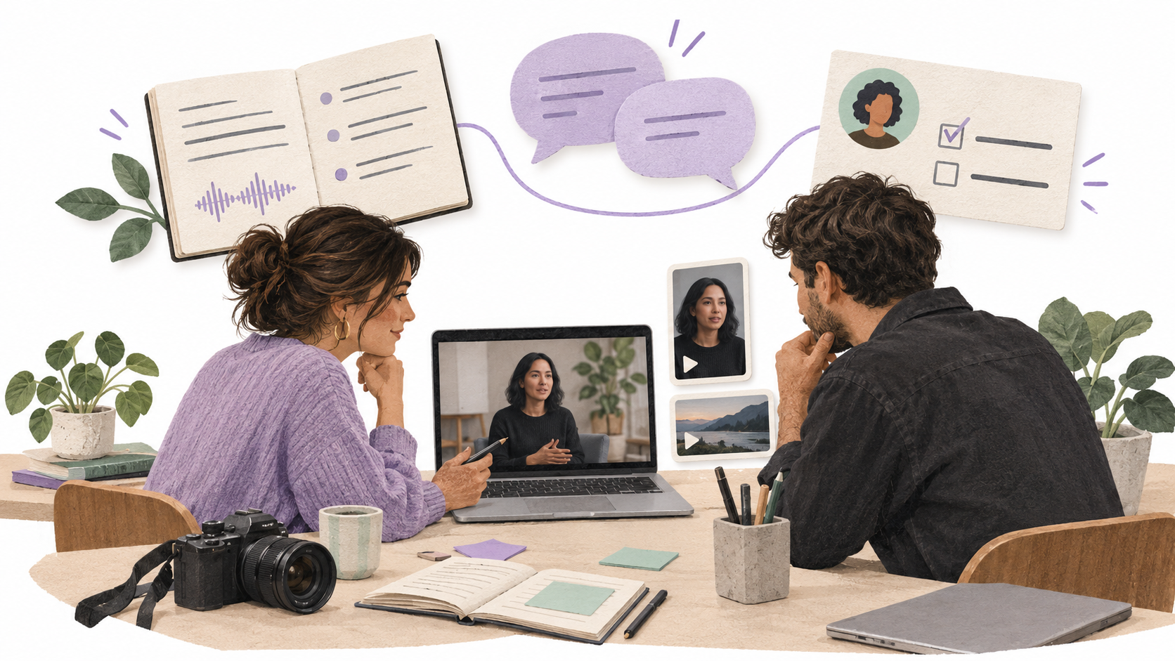 A producer and editor discuss an interview video, with meeting notes, conversation bubbles, and an assignment card connected above their desk on a white background.