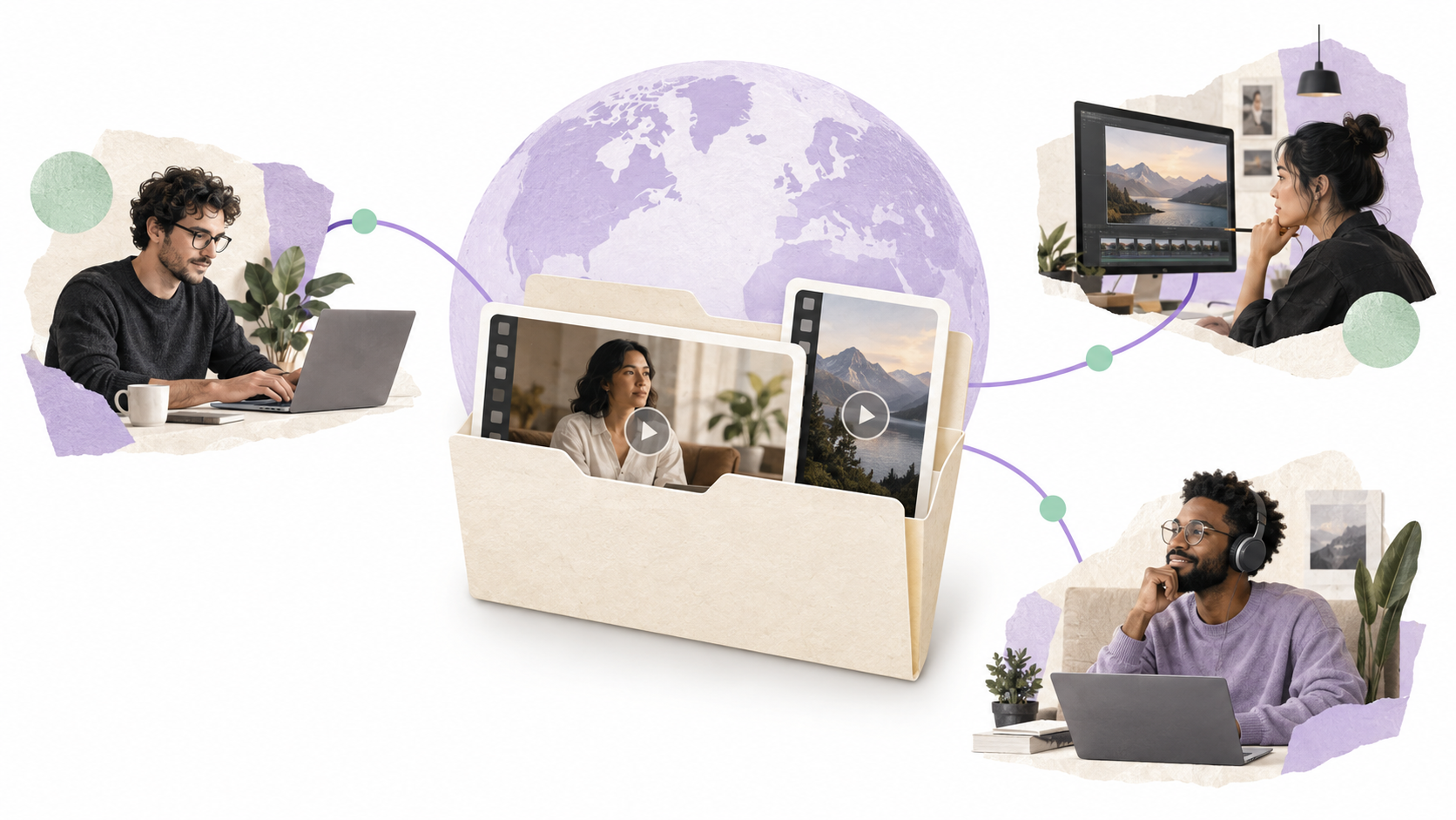 Editors and producers in separate workspaces connect to a shared media folder through a conceptual global delivery network, illustrated on a white background.