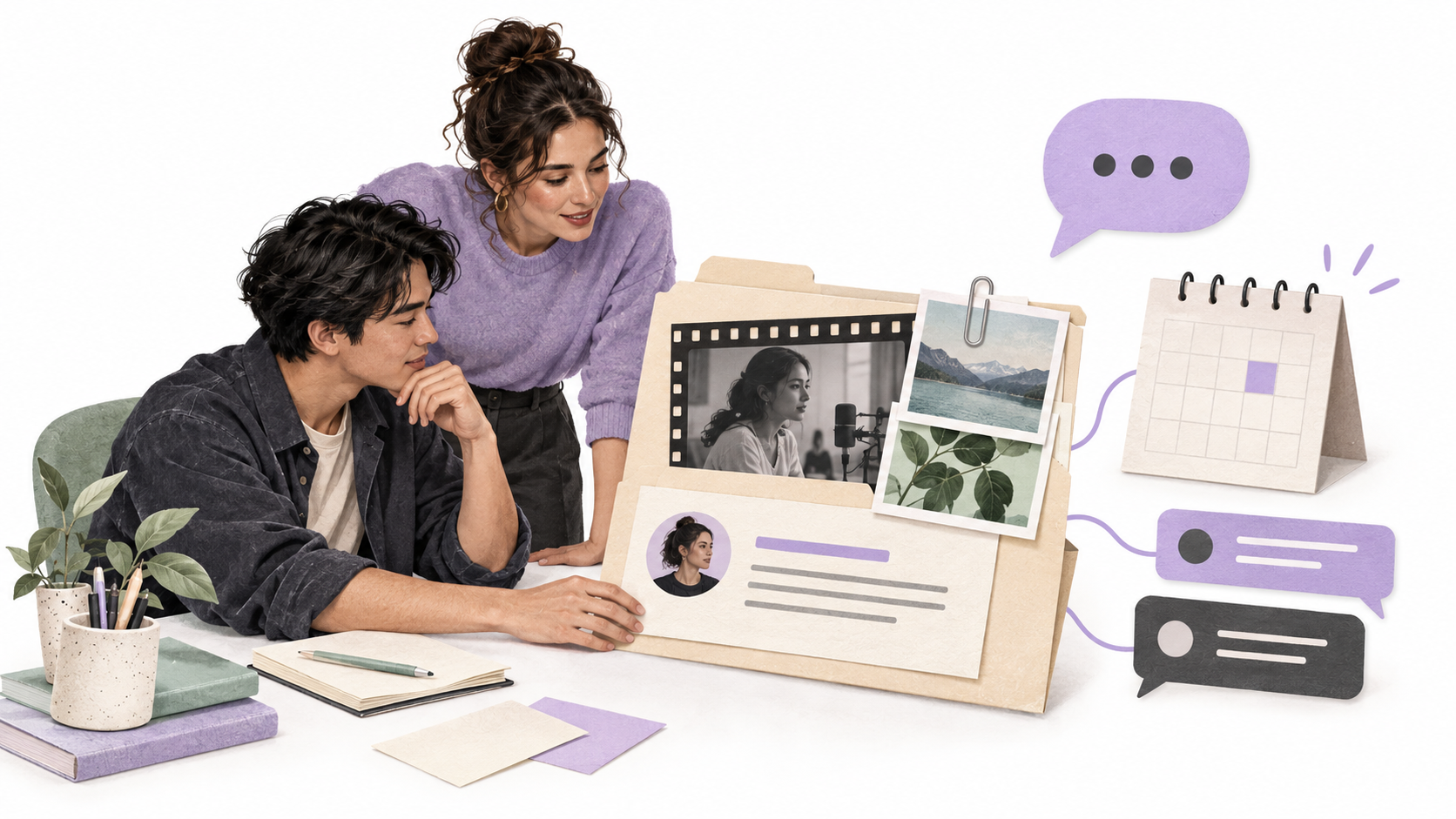 A producer and editor review a media assignment folder with attached images, an owner card, a calendar, and conversation bubbles representing comments and Xander on a white background.