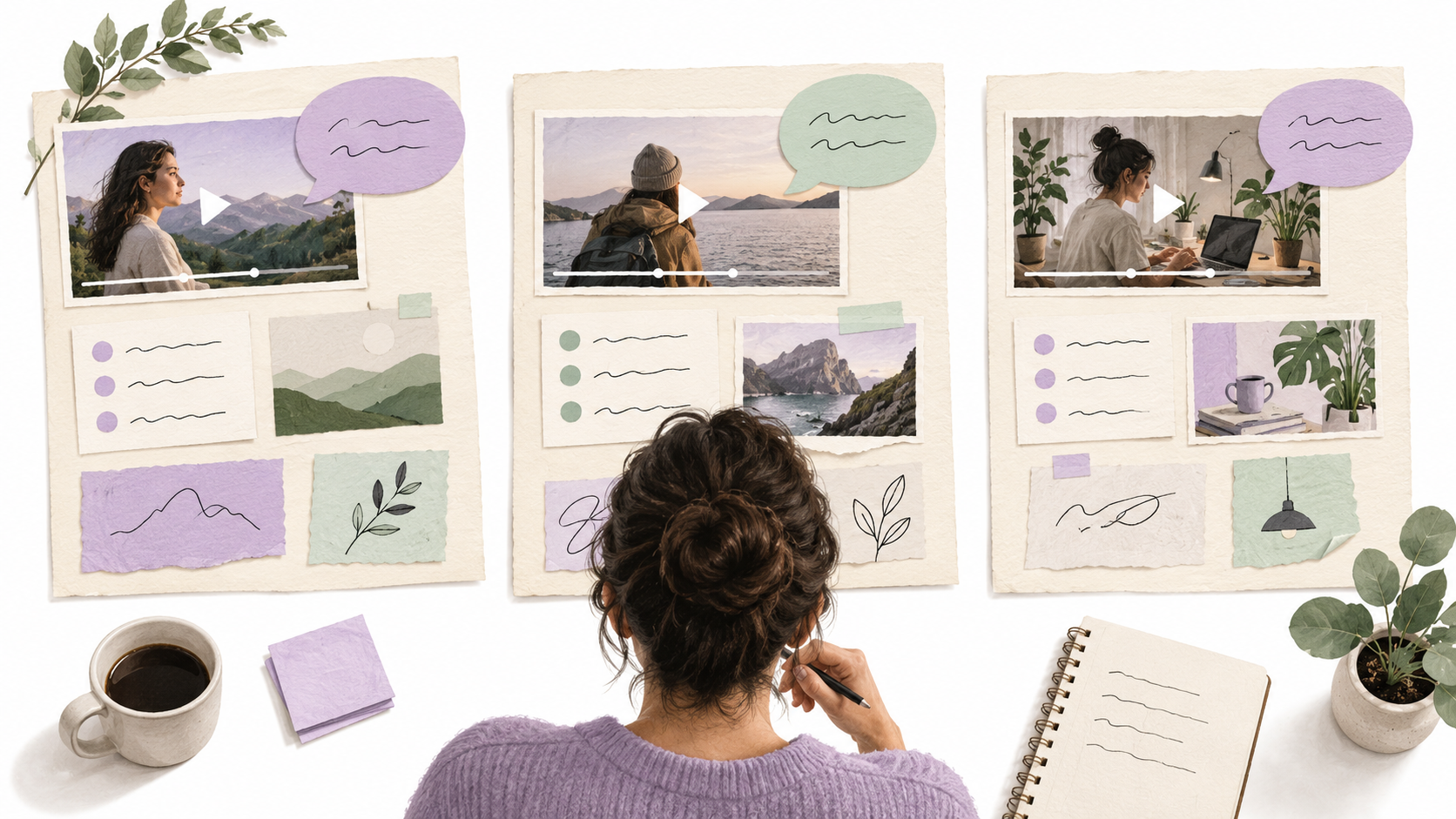 A producer studies three boards showing video projects, discussions, and assignments.
