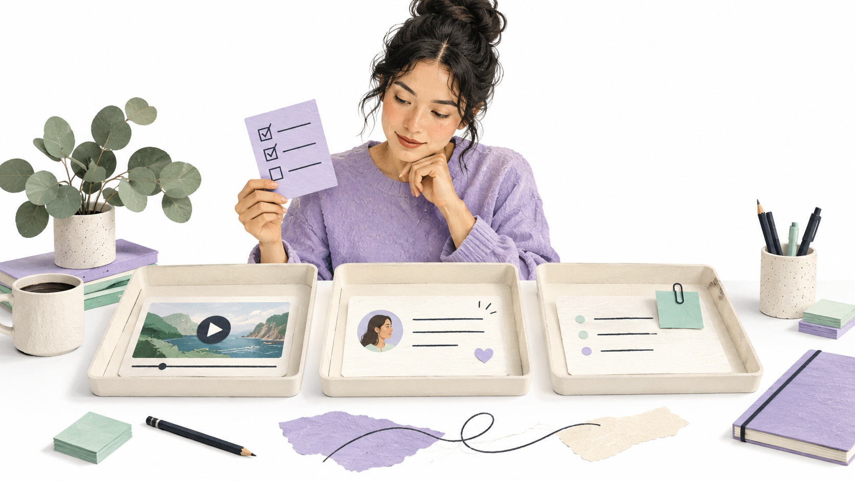 A producer compares three media collaboration approaches using content and task cards.