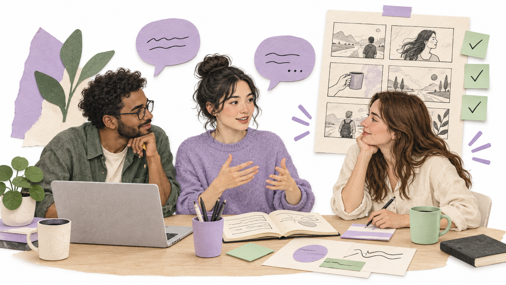 A production team discusses storyboards and turns meeting decisions into actions.