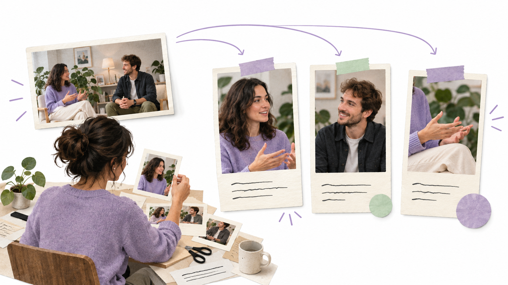 An editor turns one interview into several portrait-format story cards.
