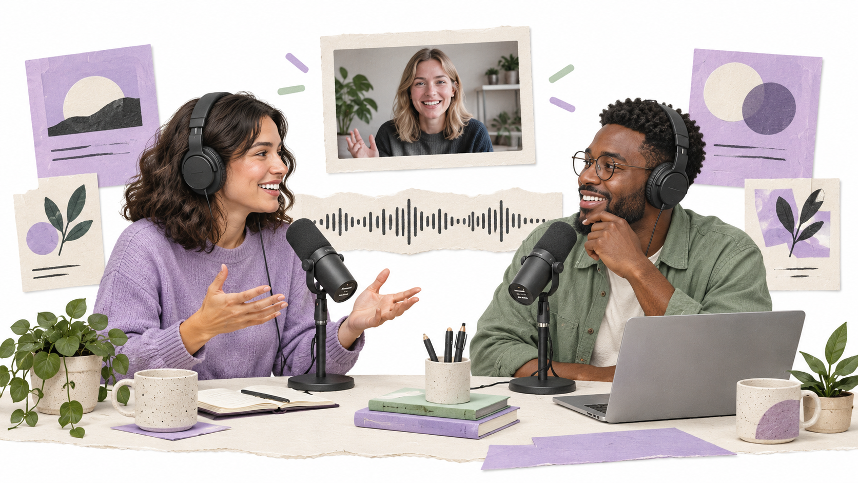 Podcast hosts record a conversation with microphones and a remote guest.