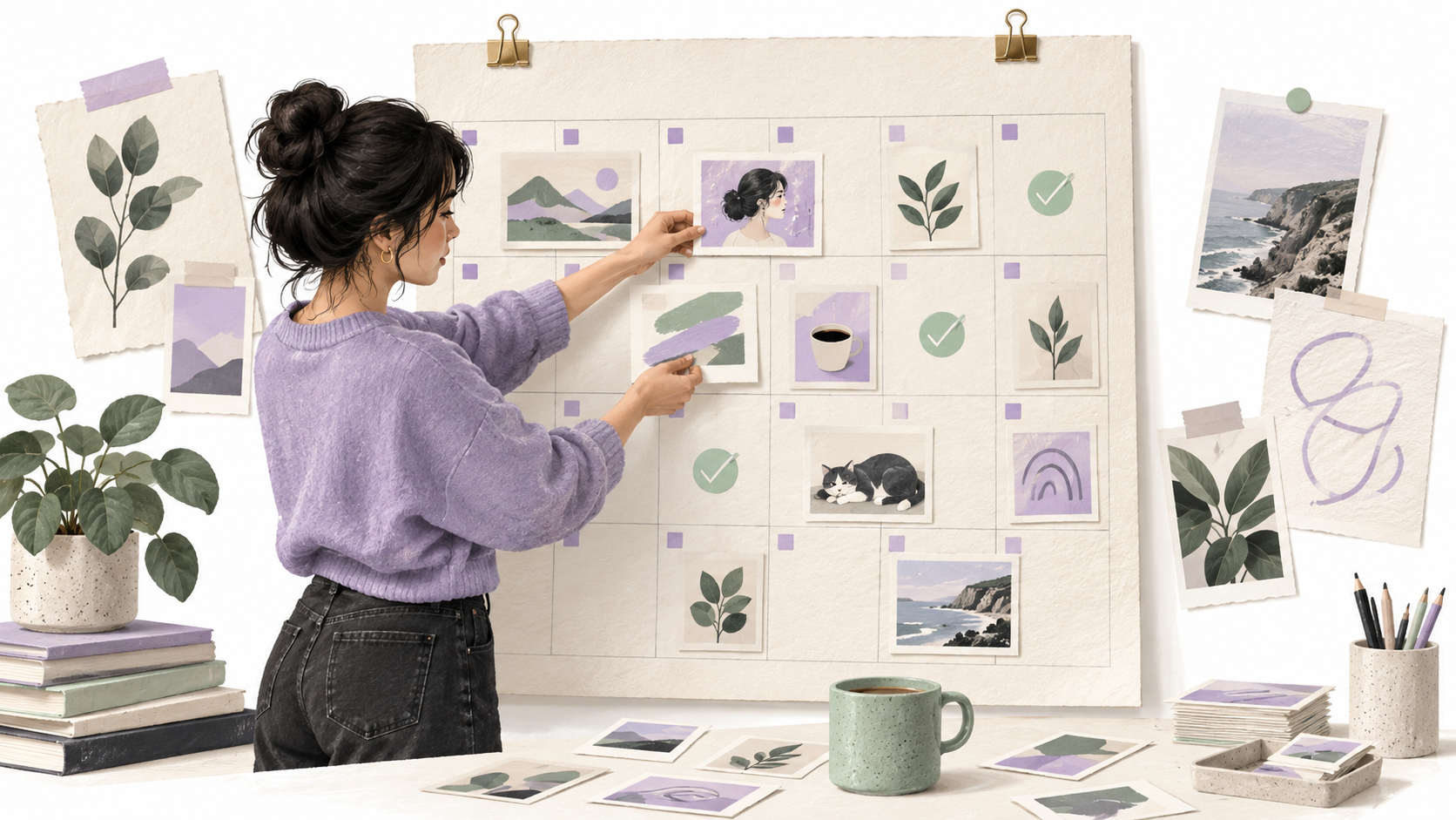 A producer arranges content cards on a calendar with planned and completed items.
