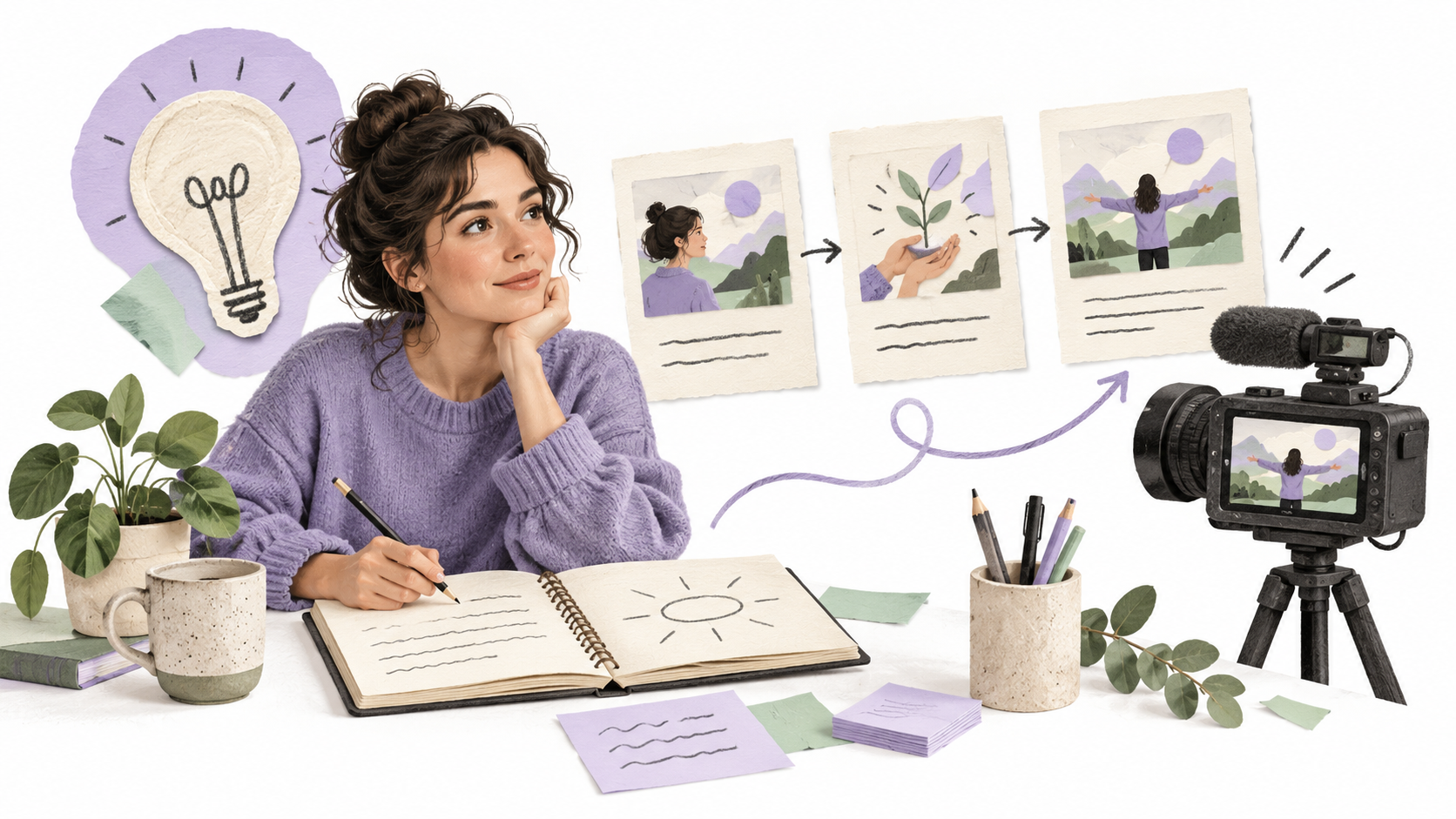 A writer develops a script with a notebook, storyboard cards, and creative notes.