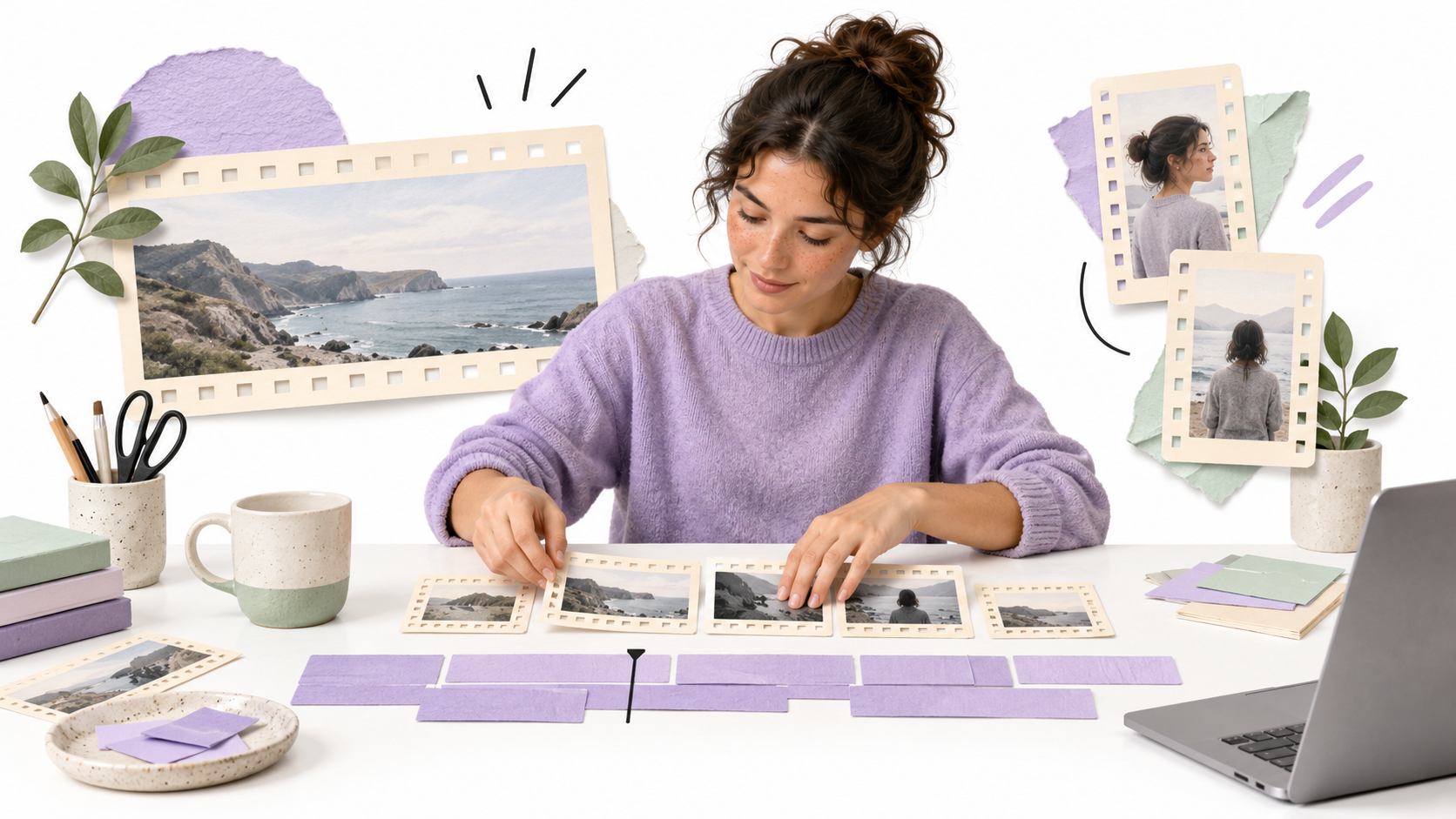 An editor arranges timeline pieces and landscape and portrait video frames.