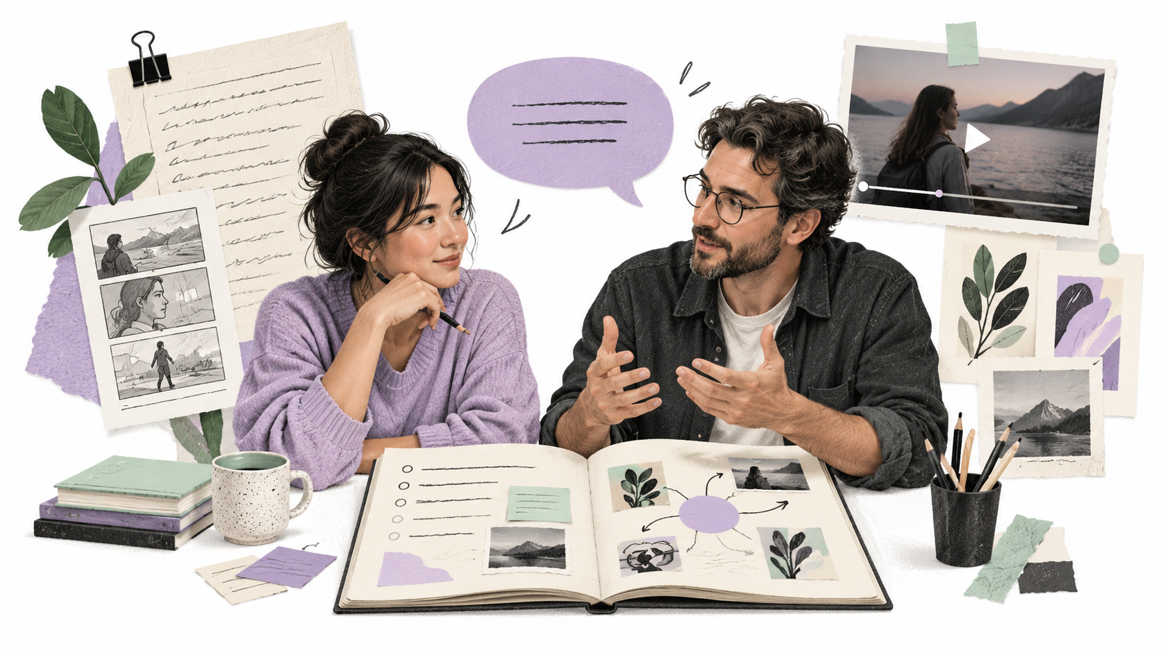 A creative team uses a shared project playbook, script references, and a conversation bubble.