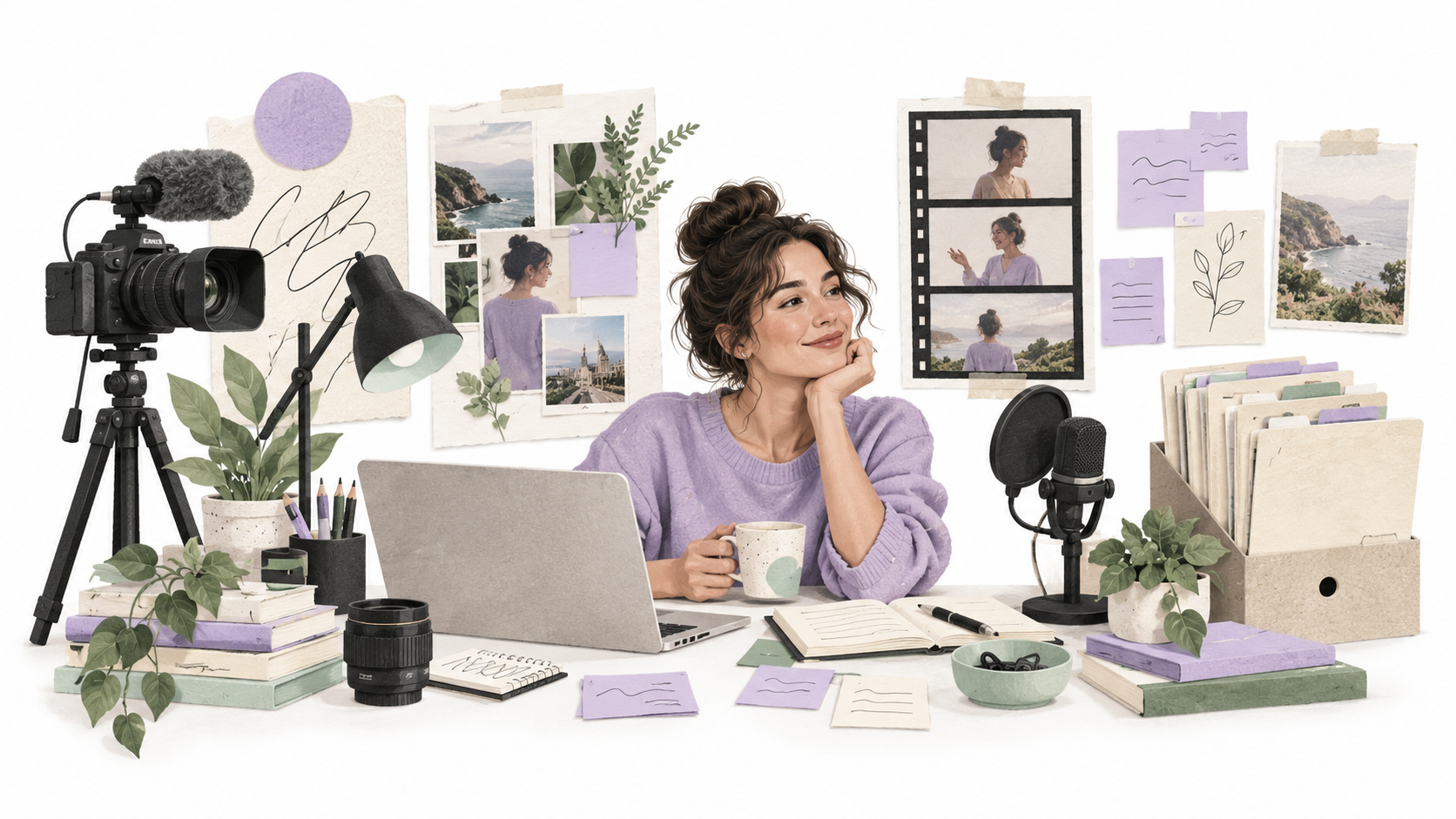 An editorial studio brings cameras, audio, content planning, and project files together.