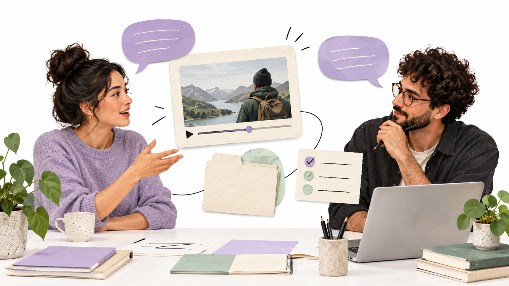 Creative teammates connect a video discussion with its project folder and tasks.