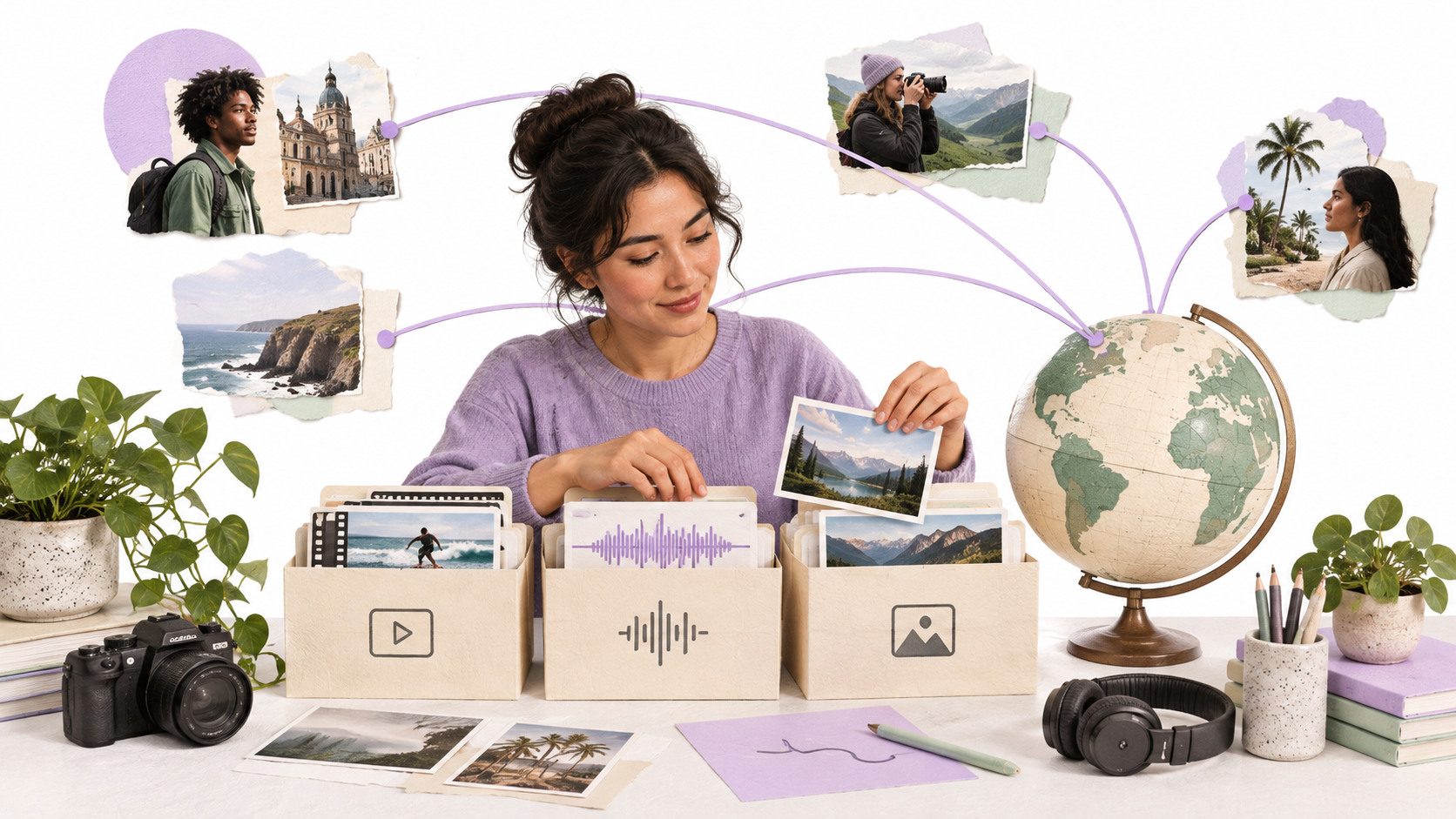 A media librarian organizes video assets around a globe representing worldwide access.