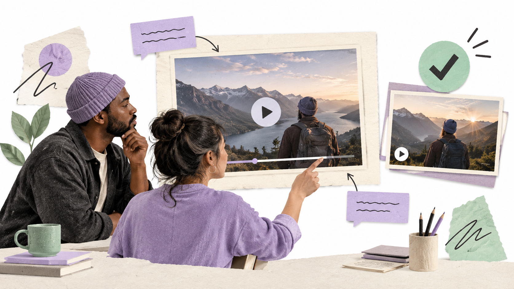 Two reviewers discuss a video version with annotation cards and an approval check.