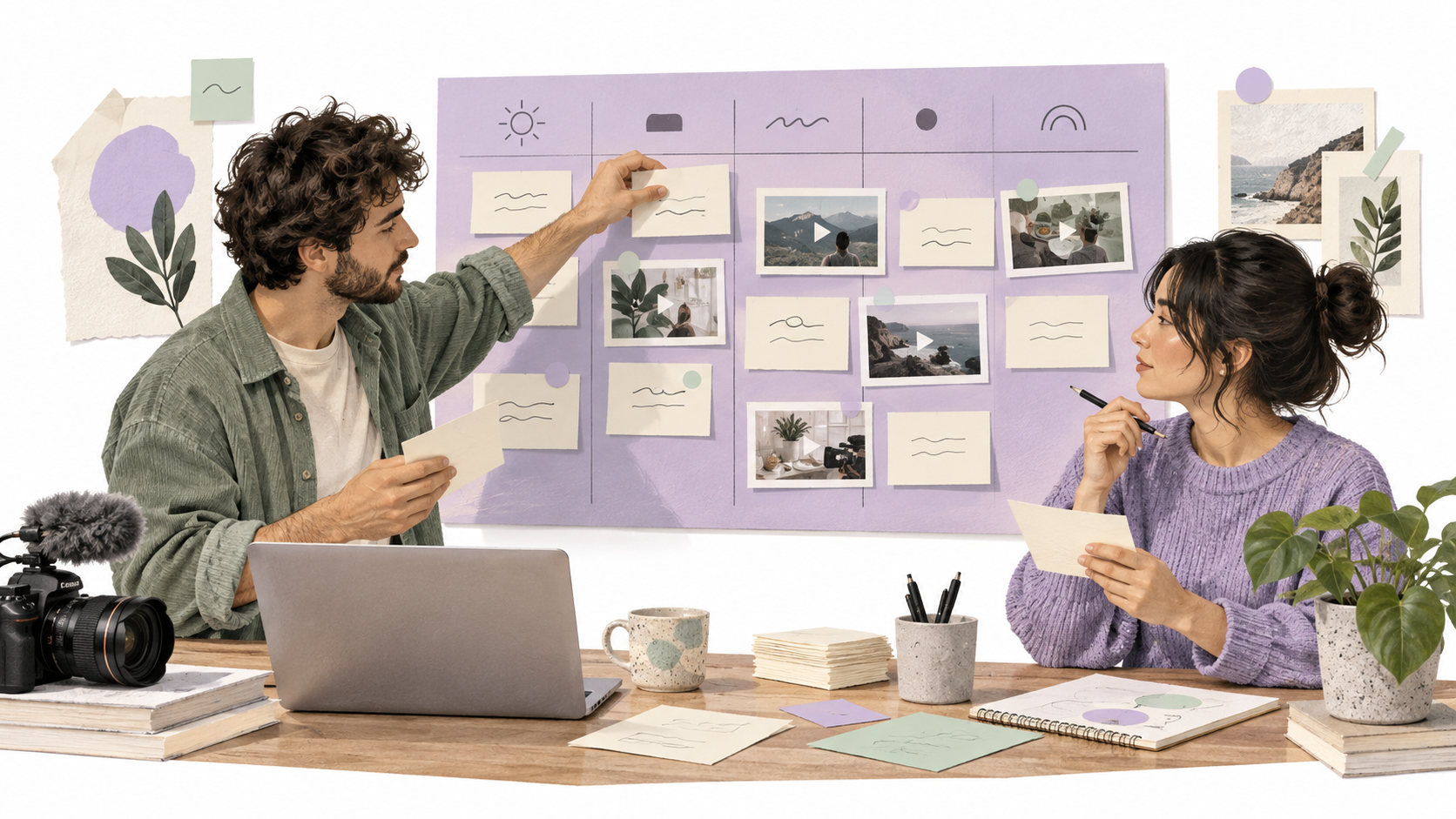 A producer and editor plan a content slate with task cards and video references.