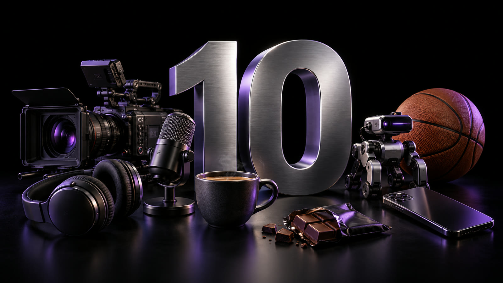 A silver number 10 surrounded by filmmaking, podcast, sports, and product objects on a jet-black background