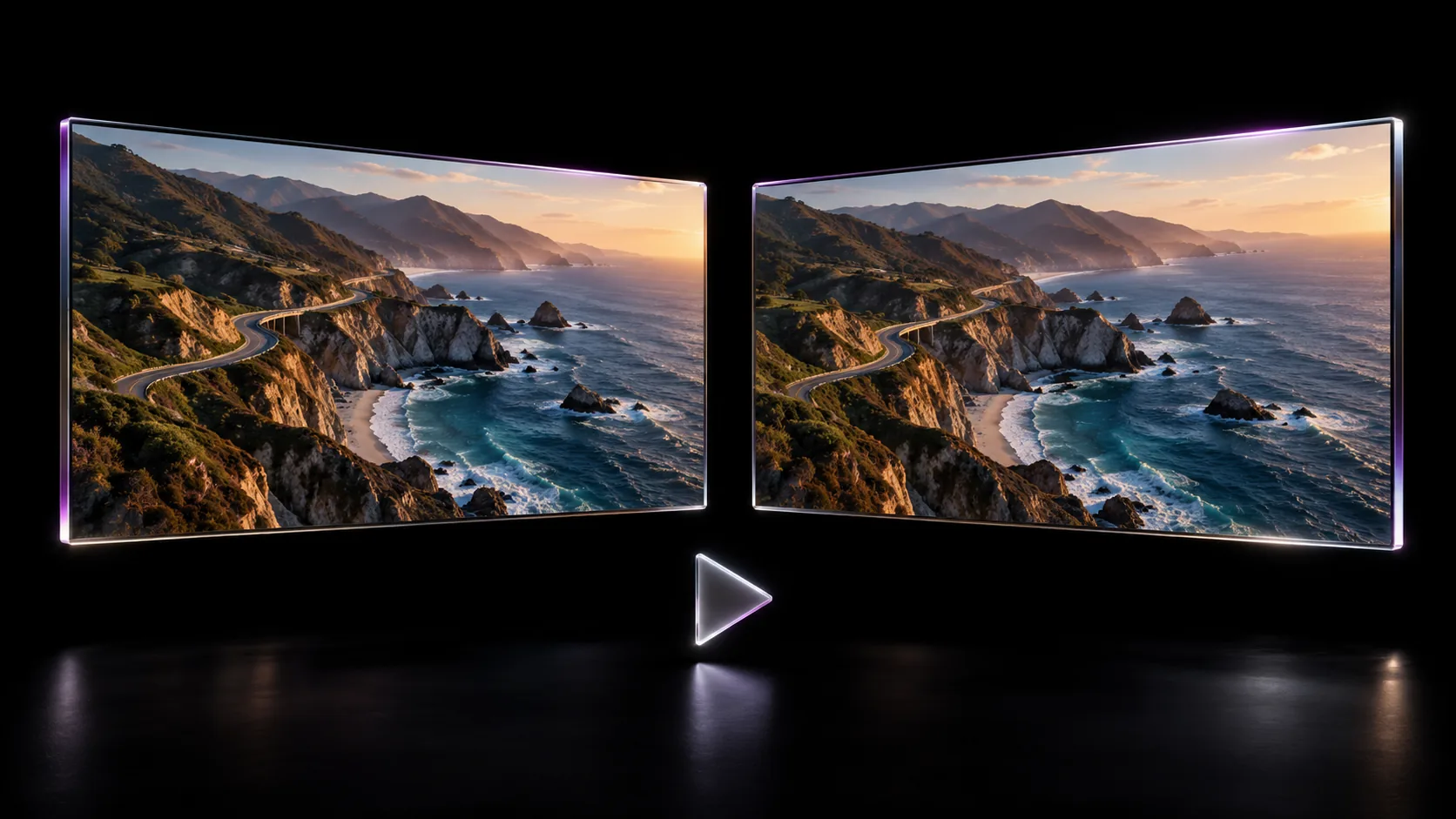 Two glass video panels displaying matching coastal landscapes, with silver and violet edges against a jet-black background
