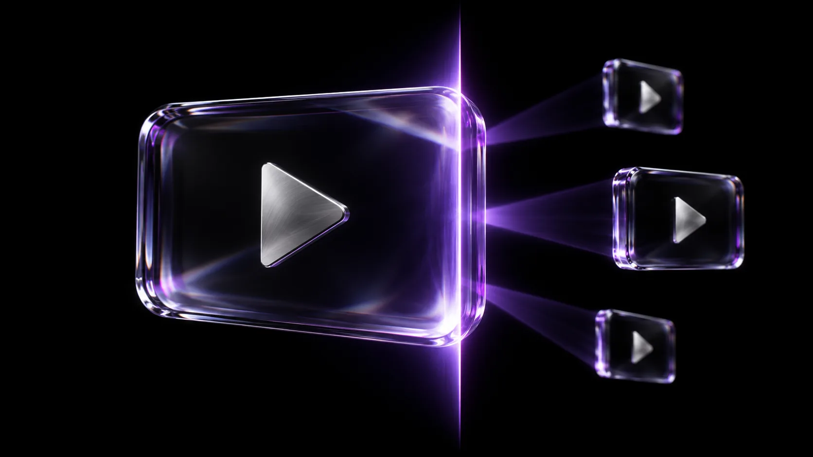 A glass video tile with a silver play symbol intersects violet light, with three smaller video tiles extending into black space