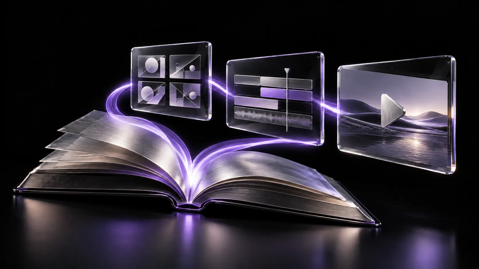 An open silver playbook connected by violet light to glass storyboard, editing timeline, and finished-video panels on a jet-black background